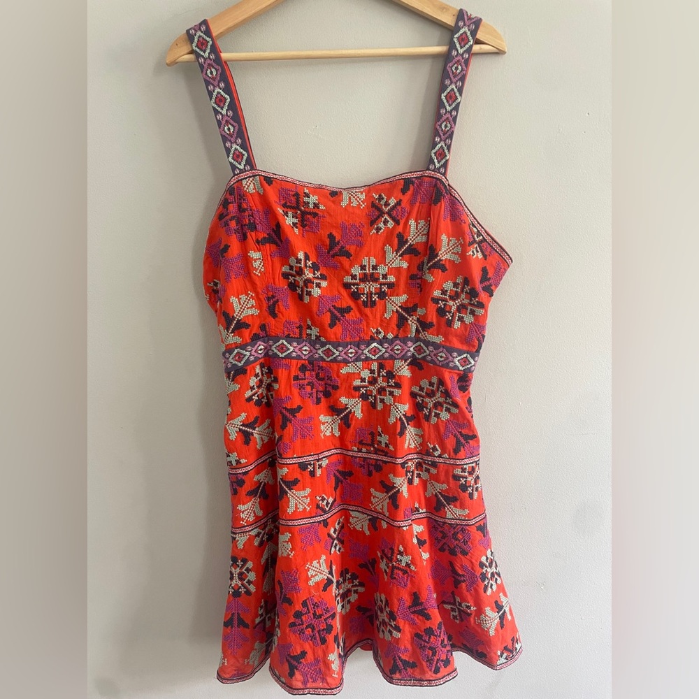 Anthropologie Red Embroidered Cross-stitch Tank Mini Dress Size 14
